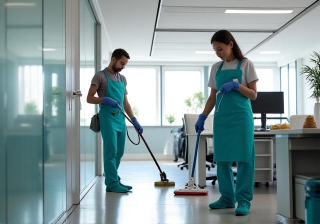 A professional cleaning team meticulously cleaning an office space