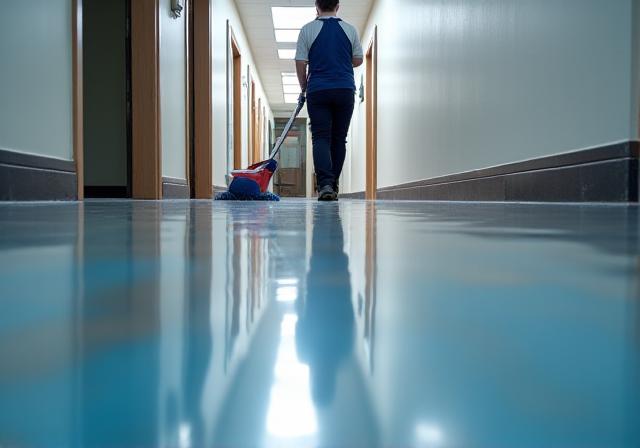 Professional cleaner mopping a commercial hallway