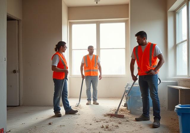 Cleaning team removing debris from a renovated room